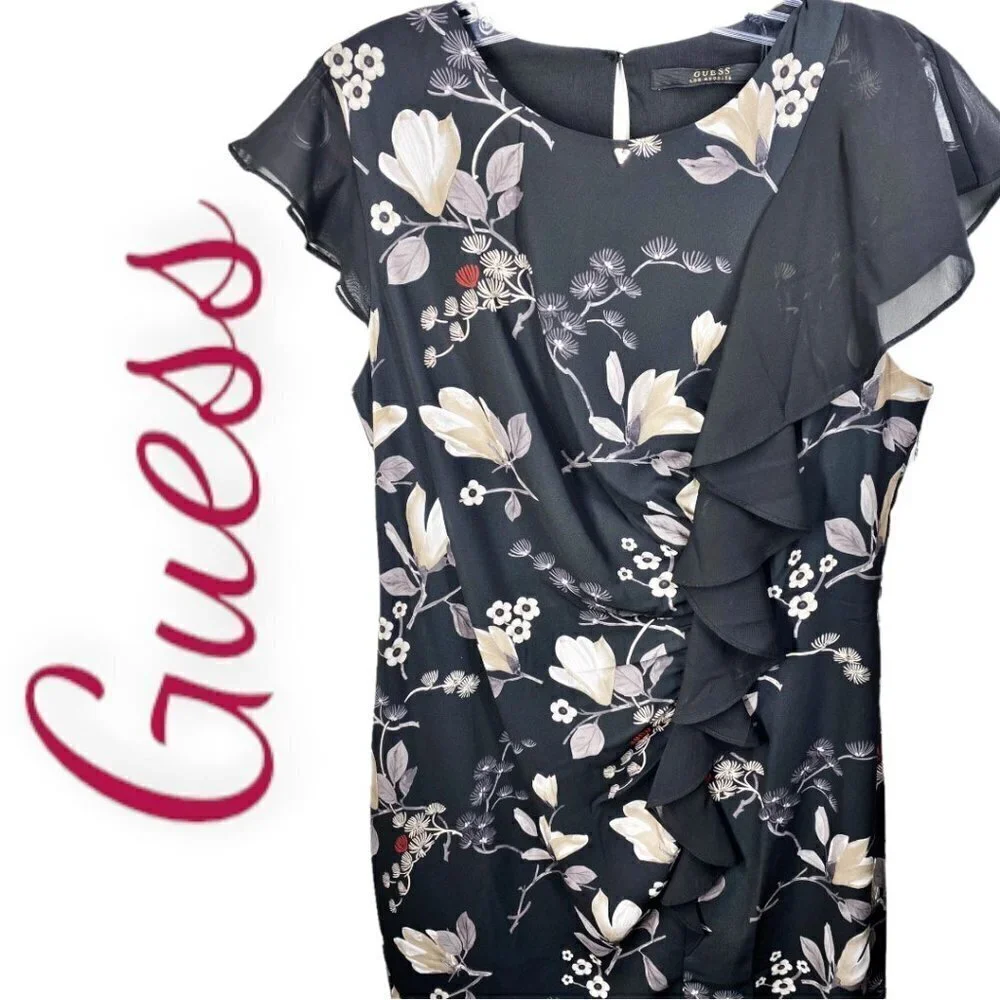 NWT GUESS Floral Chiffon Sleeve Ruffle Front Dress,‎ Size Large